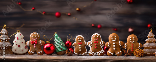 Many cute cookies and other christmas decoration suspended from cord