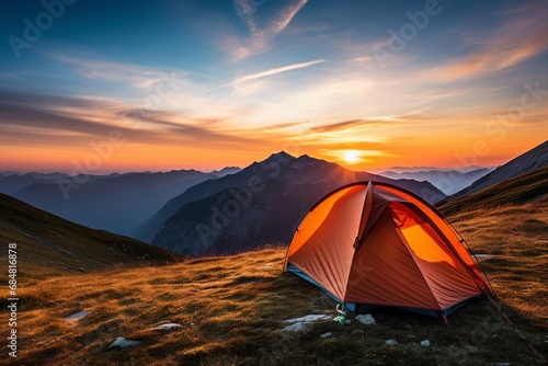A camping tent pitched high in the mountains during sunset.