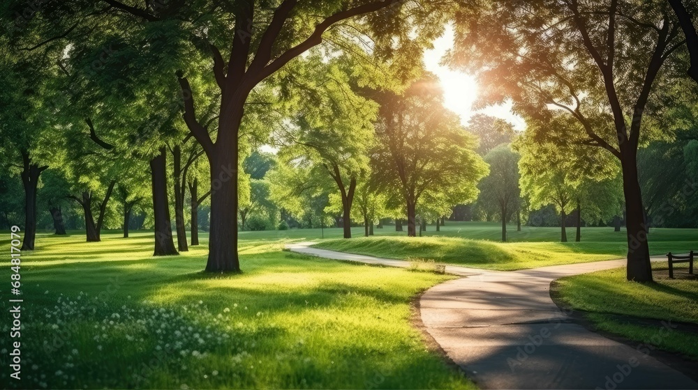 Obraz na płótnie  Green park with lawn and trees. w salonie