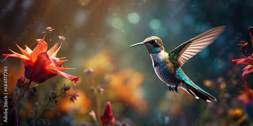 Fototapeta premium hummingbird in mid-flight, capturing its wings in a blur against a vividly colored flower garden, showcasing the dynamism and beauty of nature