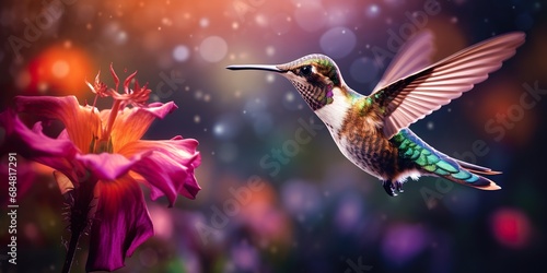 hummingbird in mid-flight, capturing its wings in a blur against a vividly colored flower garden, showcasing the dynamism and beauty of nature