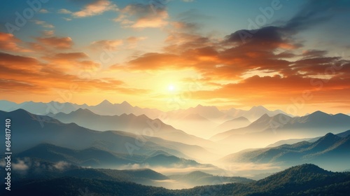  the sun rises in the mountains with a golden yellow light shining on the mountain peaks