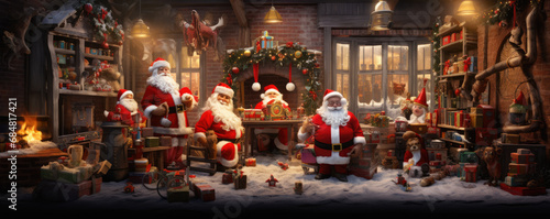 A realistic Santa Claus in the North Pole preparing christmas gift boxes. photo