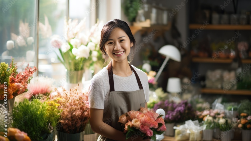 Smiling attractive asian female Small business owner in her florist shop