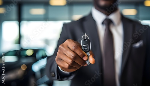 Businessman holding keys to a new car inside a dealership
