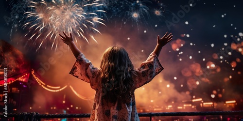 A little girl in a festive dress, jumping with glee and clapping her hands as she watches a magnificent firework show during a community New Year's Eve event