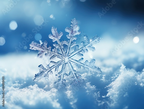 Macro snowflake on snow, winter themed card.