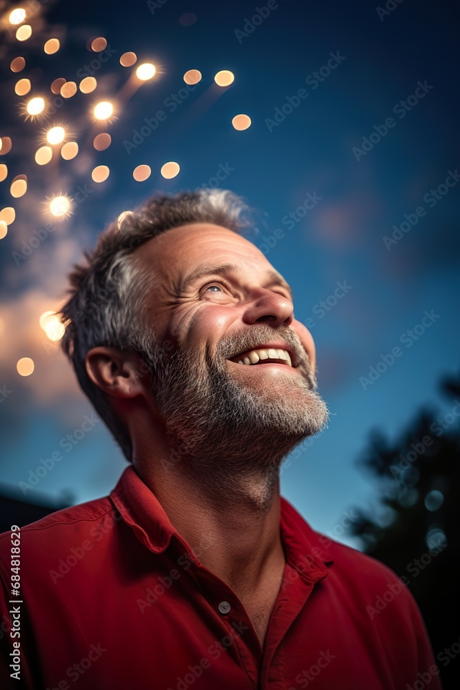 A middle-aged man smiling broadly as he watches Fourth of July fireworks, his face lit by the colorful bursts in the sky, reflecting a sense of pride and joy during the Independence Day celebrations A middle-aged man smiling broadly as he watches Fourth of July fireworks, his face lit by the colorful bursts in the sky, reflecting a sense of pride and joy during the Independence Day celebrations