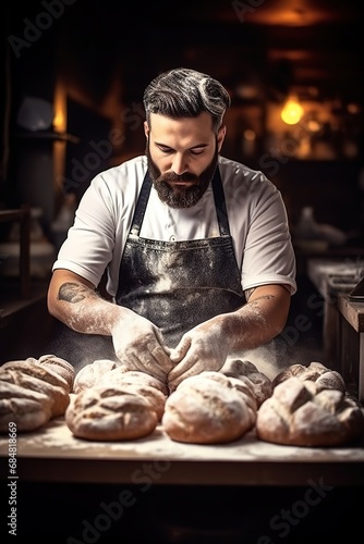 A passionate baker in a bakery kitchen, kneading dough with flour-covered hands, surrounded by freshly baked bread and pastries, evoking a sense of warmth and homeliness