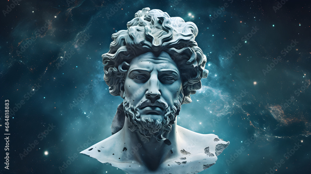 Man head of statue on universe background Man head of statue on universe background