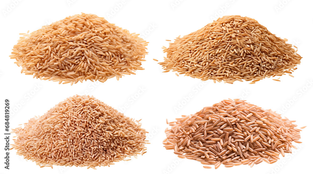 Set of brown rice piles, cut out - obrazy, fototapety, plakaty 