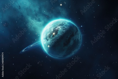 Glowing planet in outerspace orbit. Far side of the moon solar lunar terrain. Space nebula in the cosmos with stars, asteroids, galaxy.