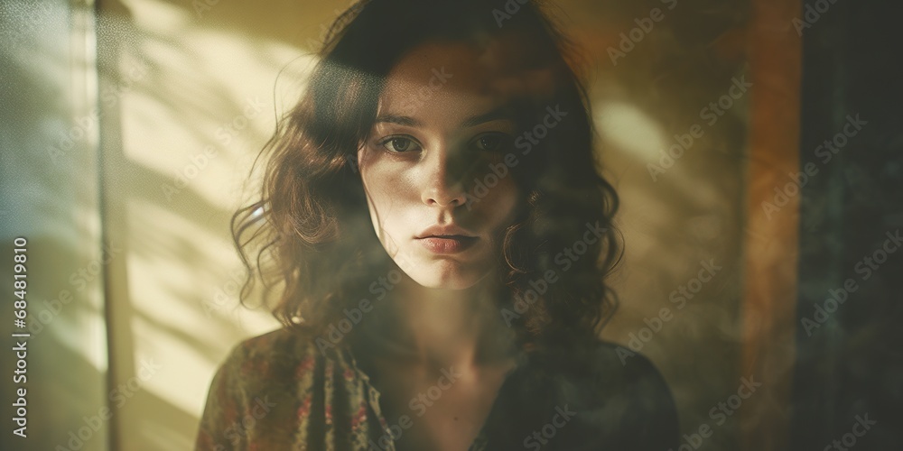 A vintage-style portrait of a person with film grain and light leaks, reminiscent of 1970s photography - obrazy, fototapety, plakaty 
