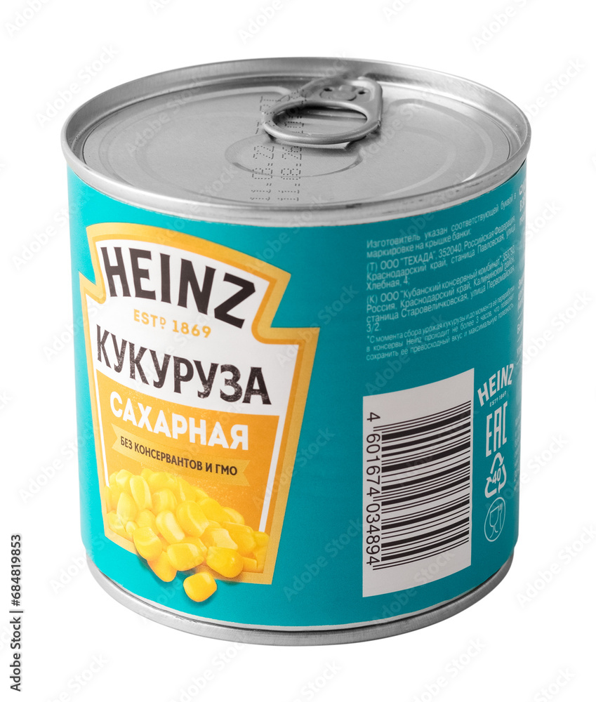 Сan of Heinz sweet corn without preservatives and GMOs. Canned foods