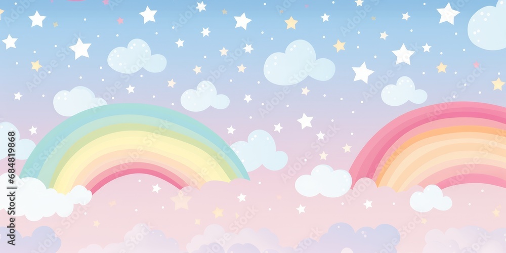 Colorful cheery rainbow star background wallpaper. Children's cartoon bedroom design. Abstract sky cloudscape.