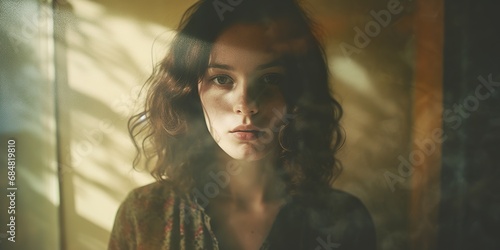 A vintage-style portrait of a person with film grain and light leaks, reminiscent of 1970s photography photo