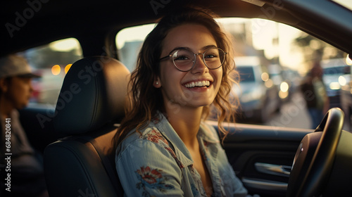 smiling woman with glasses ...