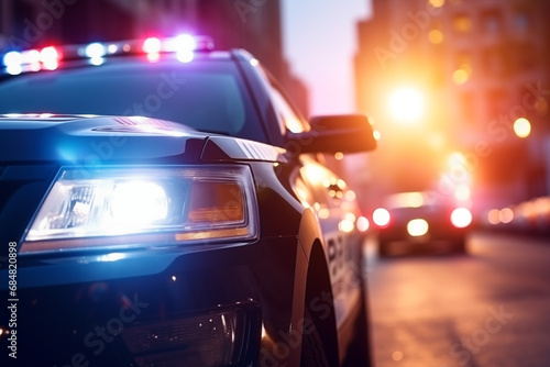 Cinematic Shot Police Car with Working Siren Flashlights Standing in the Middle of Dark City Street. Traffic Patrol Vehicle Ready to Fight Crime, Maintain public order, safety, Enforce the Law photo
