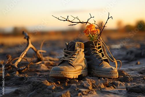 A pair of shoes sitting on top of a dirt field created with generative AI technology © Golib Tolibov