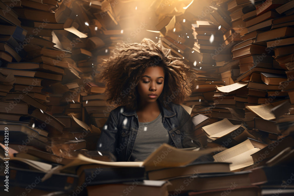 Naklejka premium A young black woman surrounded by books depicting the love for reading and literature, education, or being a bookworm