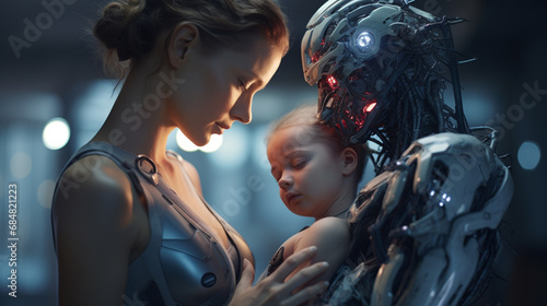 humanoid android robot with artificial intelligence is babysitter and housekeeper, a caucasian woman and her newborn baby, father substitute or support for mother photo