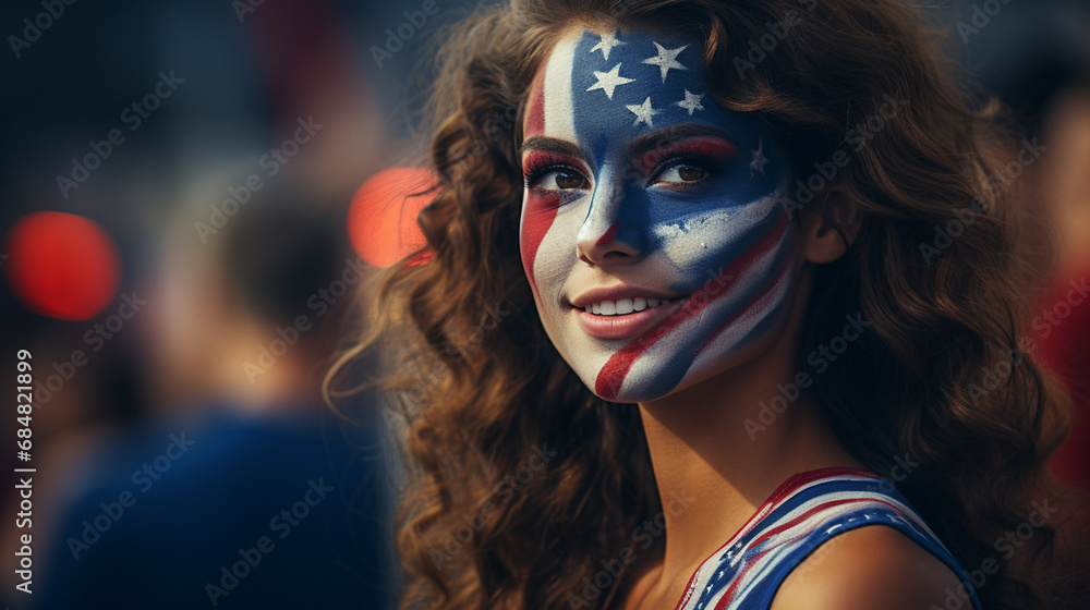 Obraz premium woman with American flag face paint in lively crowd, confident expression, patriotic and prideful atmosphere, fictional location