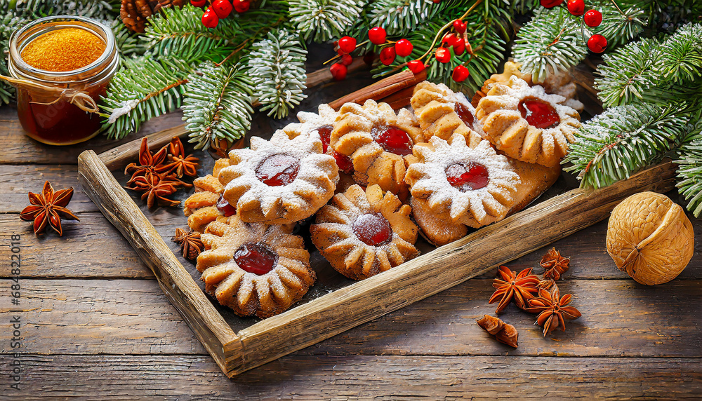 Christmas cookies with jam and icing in a wooden box