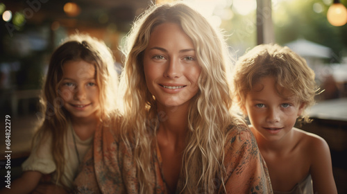 blonde woman with warm smile posing with children in restaurant, happy and content, moment of togetherness and happiness