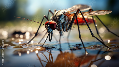 abstract mosquito is full and full and has drunk blood, at a still water of a small water-rain puddle, laying eggs or drinking, pest and disease vector