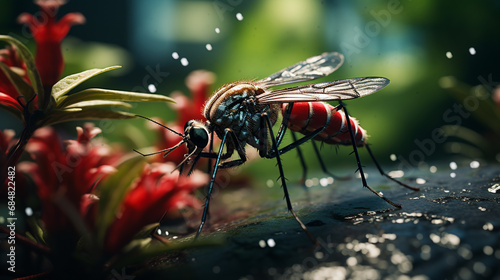 abstract mosquito is full and full and has drunk blood, at a still water of a small water-rain puddle, laying eggs or drinking, pest and disease vector © wetzkaz