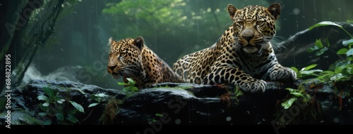 two adult Indian male leopards in their natural habitat, set against a lush green background during the rainy monsoon season.