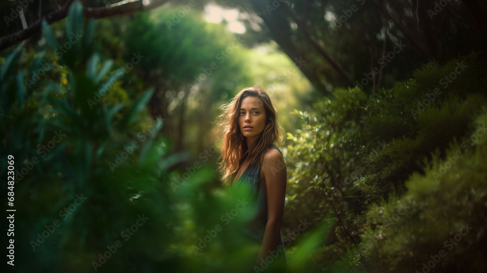 smiling woman in lush green forest, embracing nature's beauty, fictional location smiling woman in lush green forest, embracing nature's beauty, fictional location