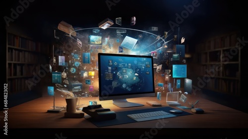 e-learning and internet technology in education. Showcase a modern online classroom setting with students engaged in a webinar or online courses.