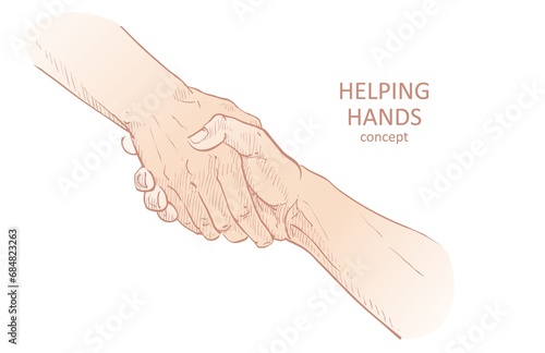 Wallpaper Mural Helping hand concept. Gesture, sign of help and hope. Two hands taking each other. Isolated line illustration on white background. Torontodigital.ca