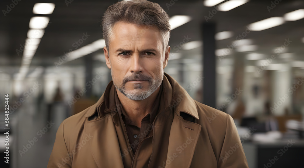 Obraz premium Portrait of handsome european man, in brown coat standing at workplace, successful manager