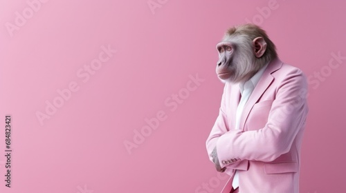 A monkey dressed in a pink suit and tie, AI