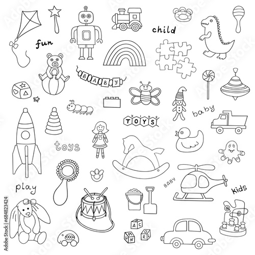 A set of children toys on a white background. Outline drawing. Children theme.