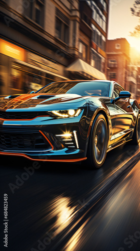 Automotive front Photo Road in the city, car turning, detail of wheel, golden hour american muscle blue car at high speed, motion blur