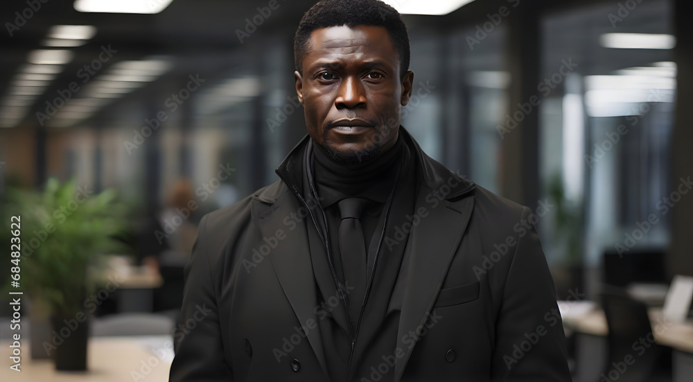 Obraz premium Portrait of young african man in black suit and tie standing in office, successful manager, AI generated image
