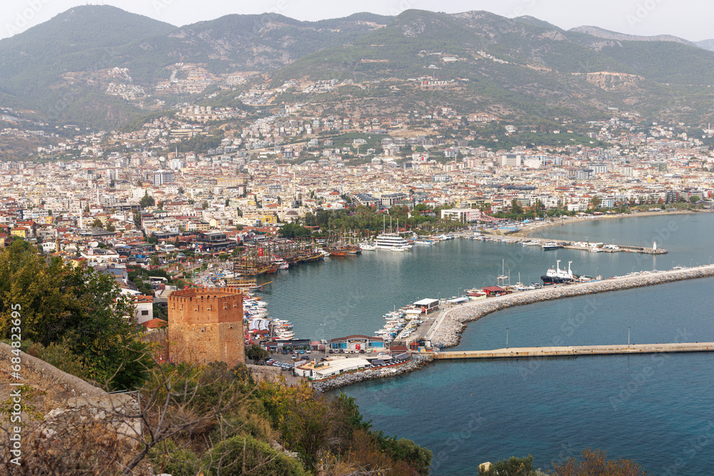 Top view of Alanya port and Red Fortress.