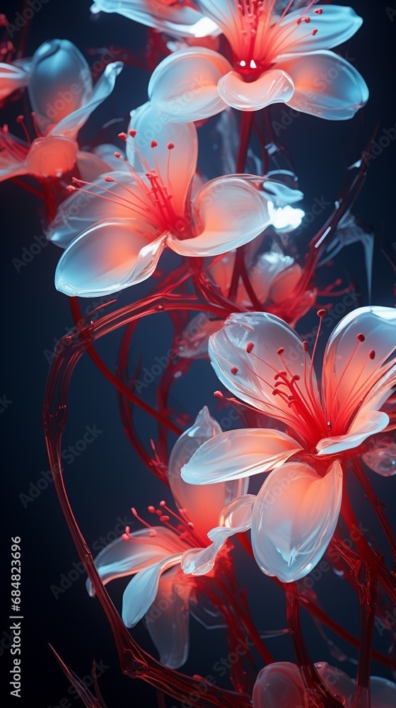 a moment of pure innovation with a top-view photo of captivating neon flowers intertwined with a white-themed environment on an isolated red 
