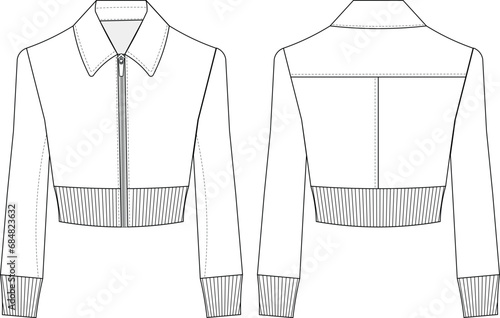 ribbed hem ribbed cuff short long sleeve jacket template technical drawing flat sketch cad mockup fashion woman
