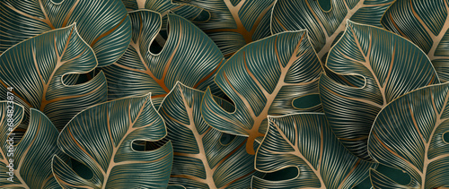 Abstract luxury dark art background with monstera leaves in golden line style. Botanical banner with tropical plants for decoration, print, poster, wallpaper, interior design.