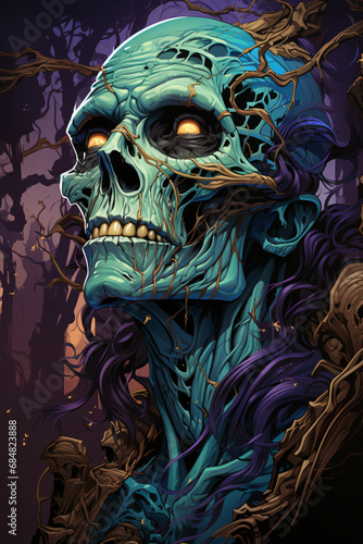 mummy, colorful illustration. close-up decayed skeleton, a skull with empty eye sockets.