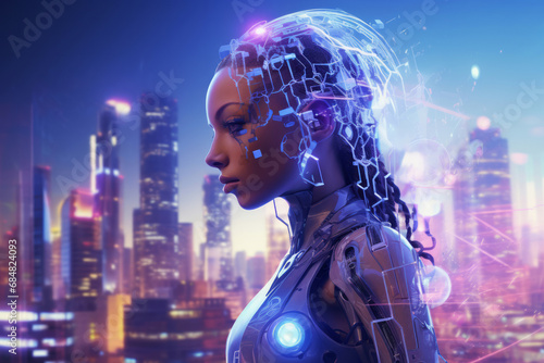 A futuristic female android with a translucent head reveals a complex network of circuits against a city skyline