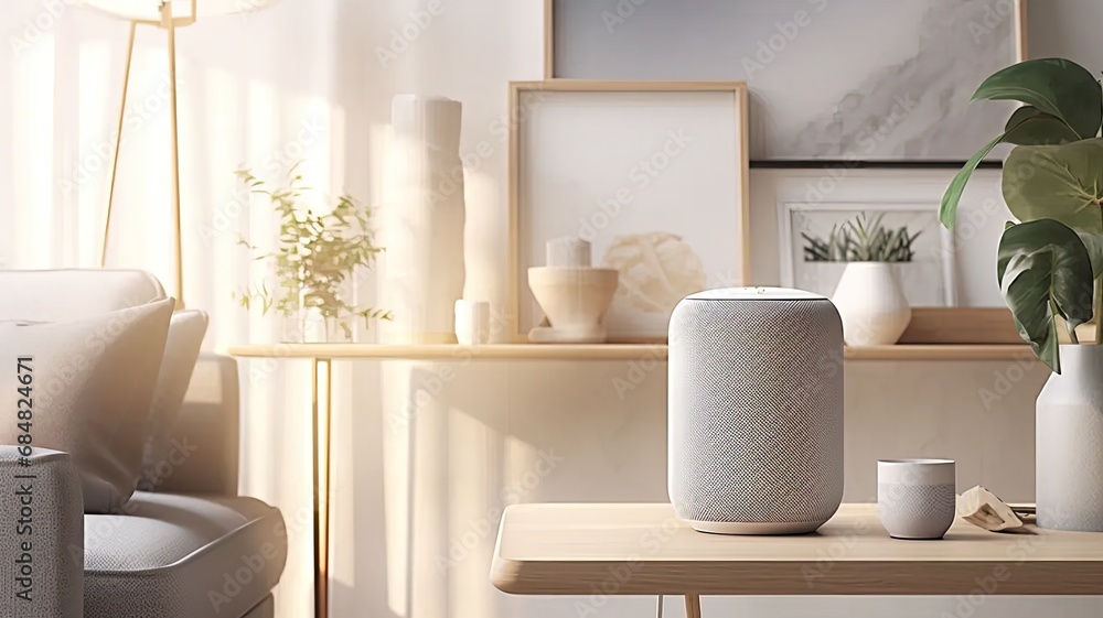 a smart speaker seamlessly integrated into a modern minimalist living room, the device as a central element in a technologically advanced and aesthetically pleasing smart home setup. a smart speaker seamlessly integrated into a modern minimalist living room, the device as a central element in a technologically advanced and aesthetically pleasing smart home setup.