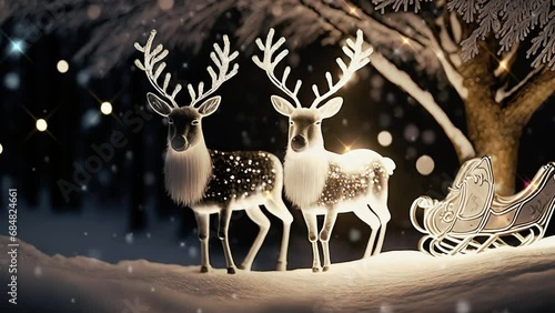 reindeer christmas illumination, falling snow, animated background with reindeer photo