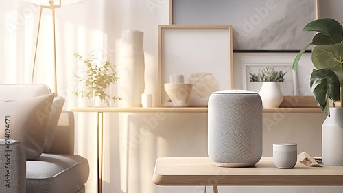 a smart speaker seamlessly integrated into a modern minimalist living room, the device as a central element in a technologically advanced and aesthetically pleasing smart home setup.