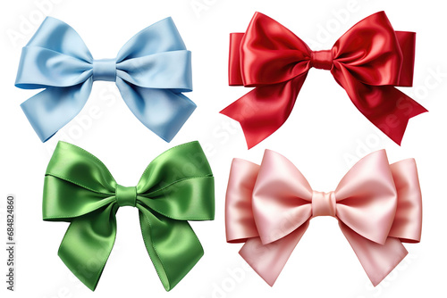 Collection of bright satin ribbon tied in a bow isolated