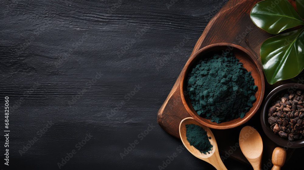 Top view of green spirulina powder on dark wooden table, a biological